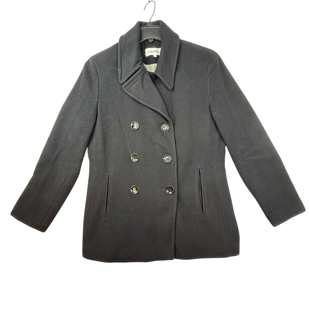 Calvin Klein Black Double‎ Breasted Wool Peacoat Jacket Women Size Medium 10